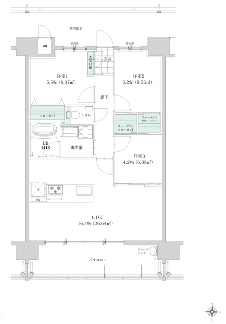 グリーンヒル別府石垣東パークフロント 間取り B type（2～15階）