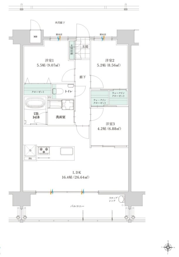 グリーンヒル別府石垣東パークフロント 間取り B type（2～15階）