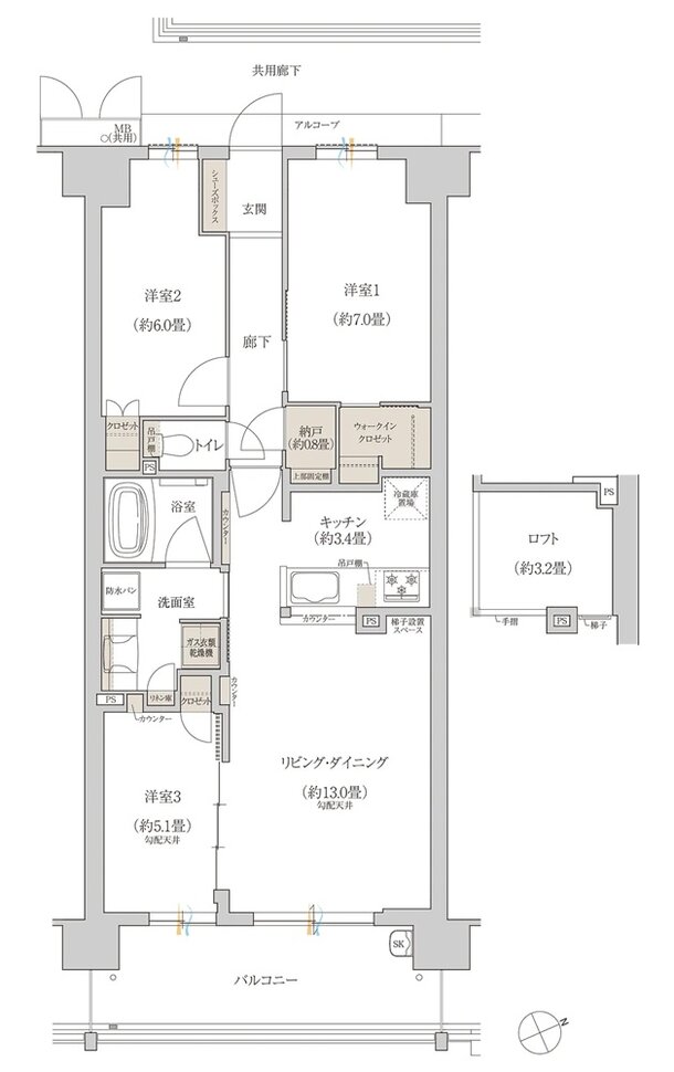 ローレルスクエア長岡京 勝竜寺城公園 間取り E-L1hタイプ