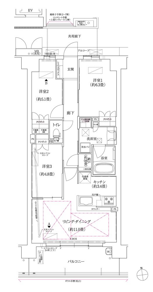 ローレルスクエア長岡京 勝竜寺城公園 間取り N-B1タイプ