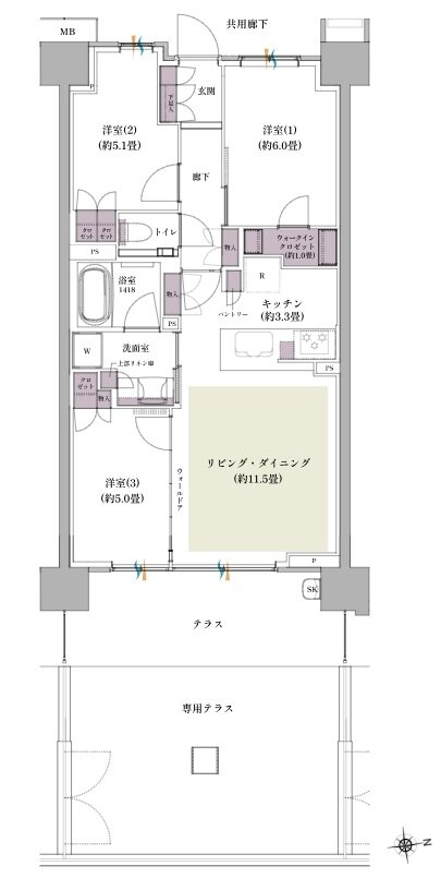 ザ・パークハウス 北綾瀬 間取り E-68B2t type（BASIC）