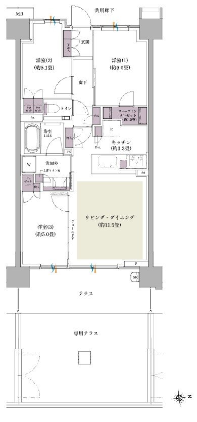 ザ・パークハウス 北綾瀬 間取り E-68B2t type(BASIC)