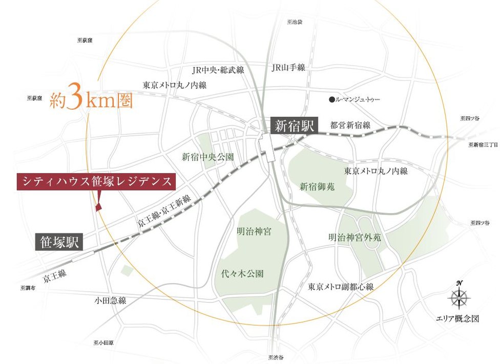 「新宿」駅1駅5分(4分)、約3km圏の恵み。