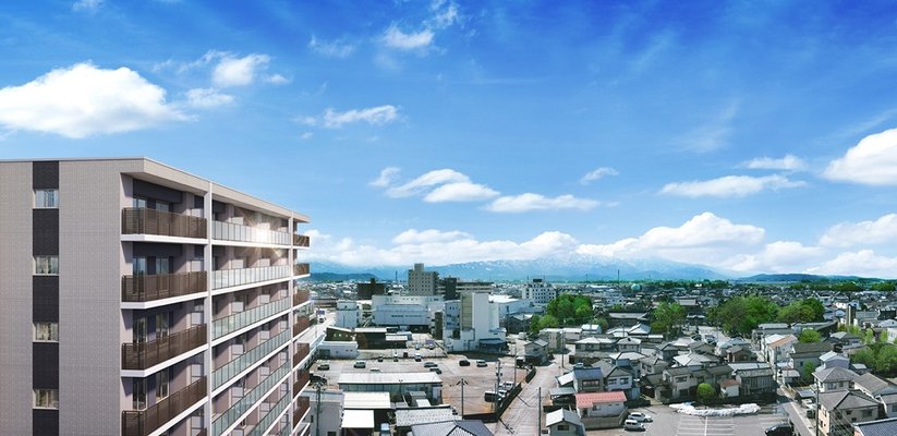外観完成予想図（眺望合成：2025年3月の空撮画像に外観完成予想図を合成し、CG加工したものです）