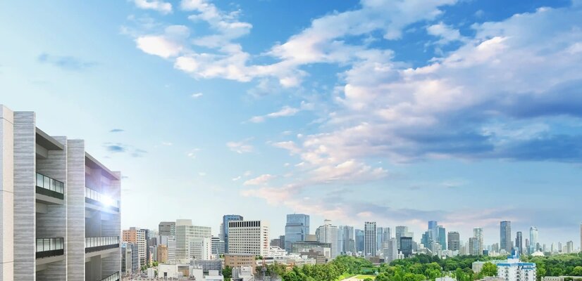 現地西側上空より臨む外観完成予想CG