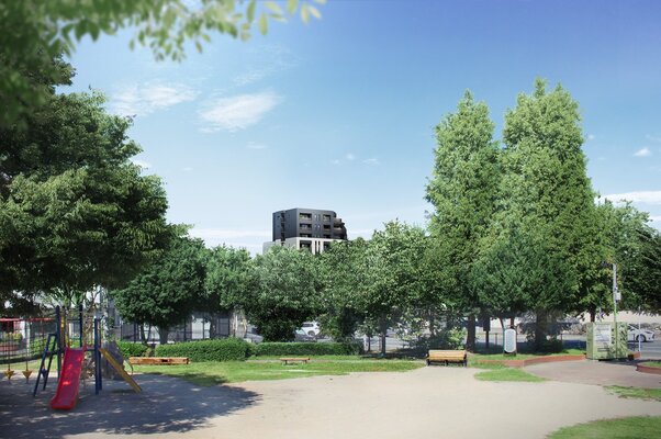 外観完成予想CG（三宅中央公園 撮影：2025年12月）