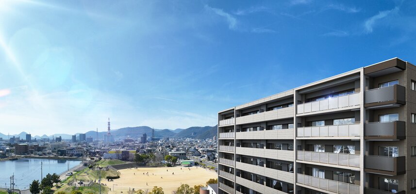 外観完成予想図（かすめ：2025年12月撮影の空撮にCG合成）