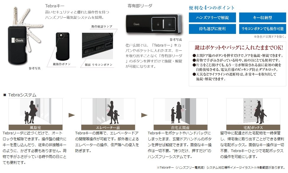 高いセキュリティと優れた操作性を持つTebraキー(ハンズフリー電気錠)システムを採用。