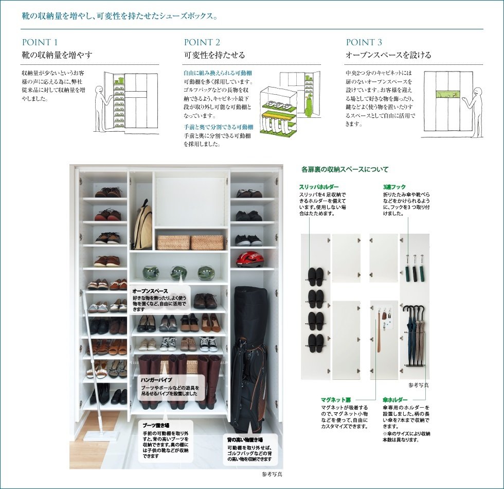 靴の収納量を増やし、可変性を持たせたシューズボックス。