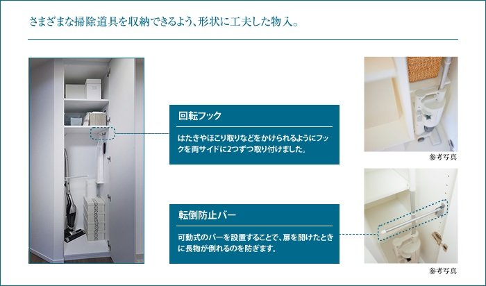 さまざまな掃除道具を収納できるよう、形状に工夫した物入。