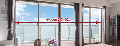 幅最大4.3mのワイドサッシ(Aタイプ洋室(3)のウォールドアを開放した場合)