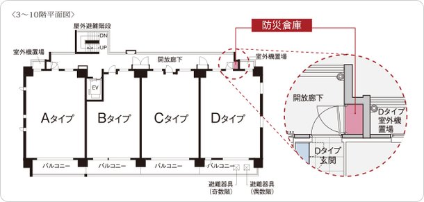 各階に防災倉庫を設置