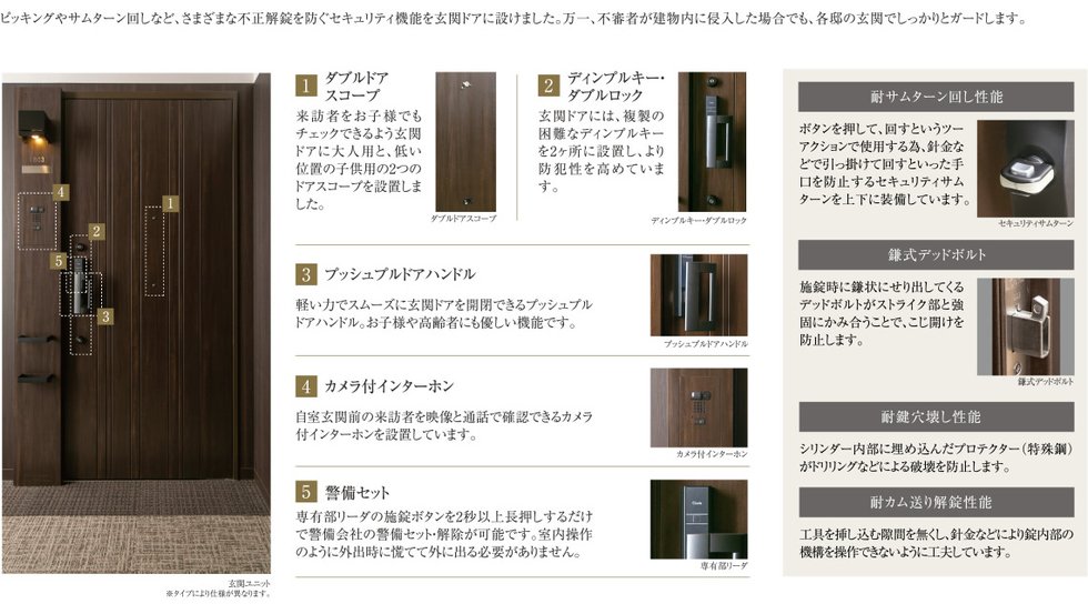 各邸の玄関ドアにも、行き届いた安心機能を採用