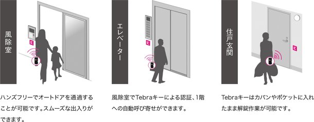 両手がふさがっていてもハンズフリーでらくらく解錠
ハンズフリーシステム 先進のTebraキー採用