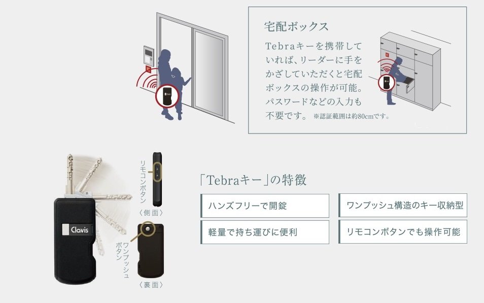 先進のハンズフリーキー「Tebra」システム<両手がふさがっていてもハンズフリーでらくらく解錠>