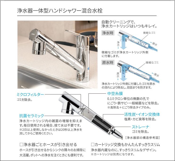 浄水器一体型ハンドシャワー混合水栓