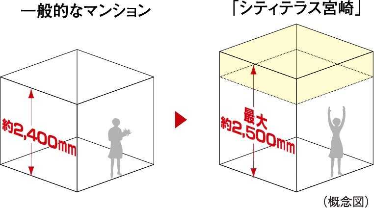 最大約2,500mmの天井高（リビング・ダイニング、洋室）