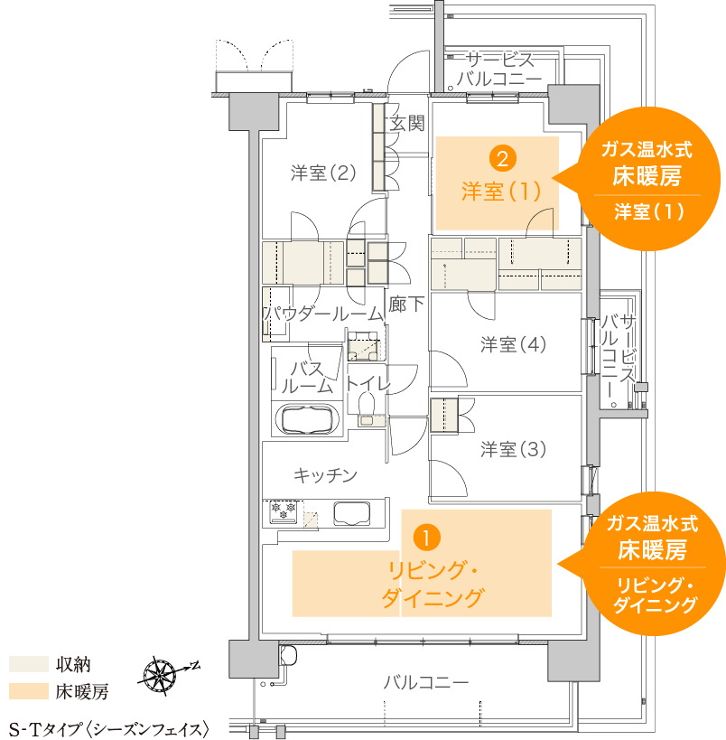 リビング・ダイニングと洋室(1)の2室にガス温水式床暖房を標準装備