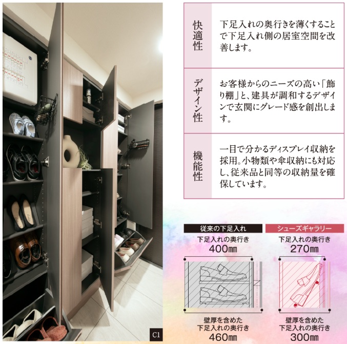 下足入れの奥行きが薄くなる