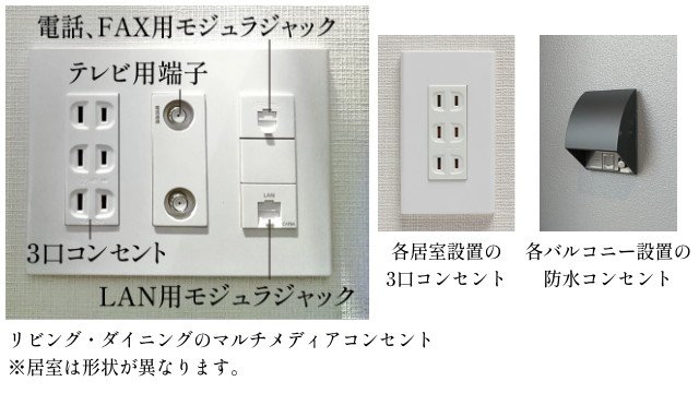 接続口を1つにまとめたマルチメディアコンセント、3口コンセント、バルコニー※には防水コンセント