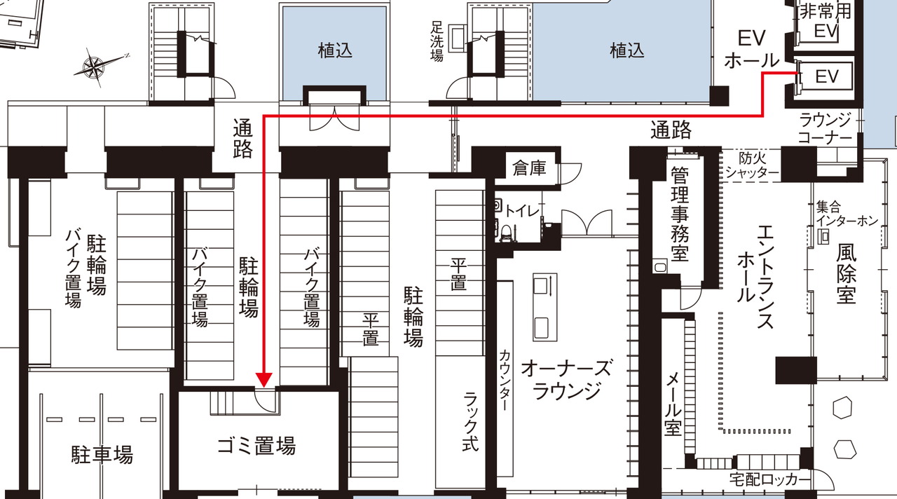 雨に濡れずにゴミ出し可能な建物内のゴミ置場