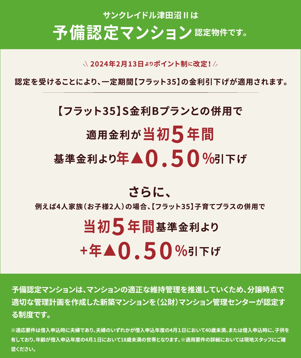 サンクレイドル津田沼IIは「予備認定マンション」認定物件です。