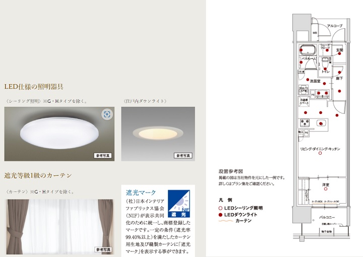 LED仕様の照明器具・遮光等級1級のカーテン