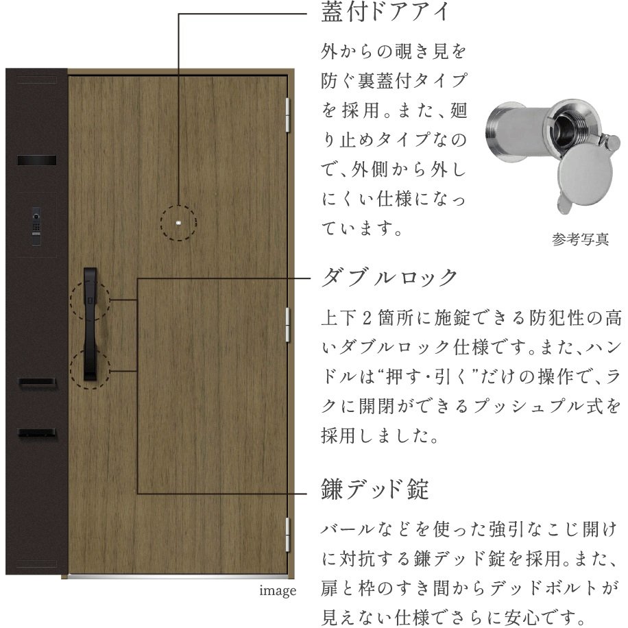 住戸玄関前には、部外者の不正侵入防止に配慮した装備を揃えました。