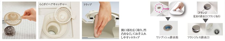 らくポイヘアキャッチャー、ワンプッシュ排水栓、浴槽のスッキリ排水口