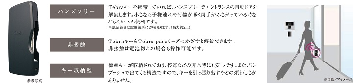 カバンやポケットに入れたままハンズフリーで解錠できる「Tebraキー」