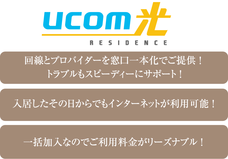 便利な暮らしを支える、快適な光ファイバーインターネット
「UCOM光 レジデンス」を全戸標準装備