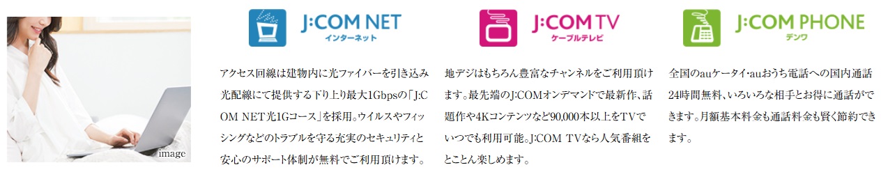 J:COM　暮らしに欠かせない、高速インターネット標準採用。（全戸一斉加入定額制）