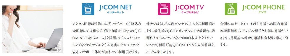 J:COM　暮らしに欠かせない、高速インターネット標準採用。（全戸一斉加入定額制）
