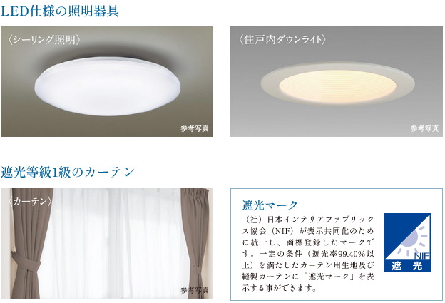 LED仕様の照明器具・遮光等級1級のカーテン