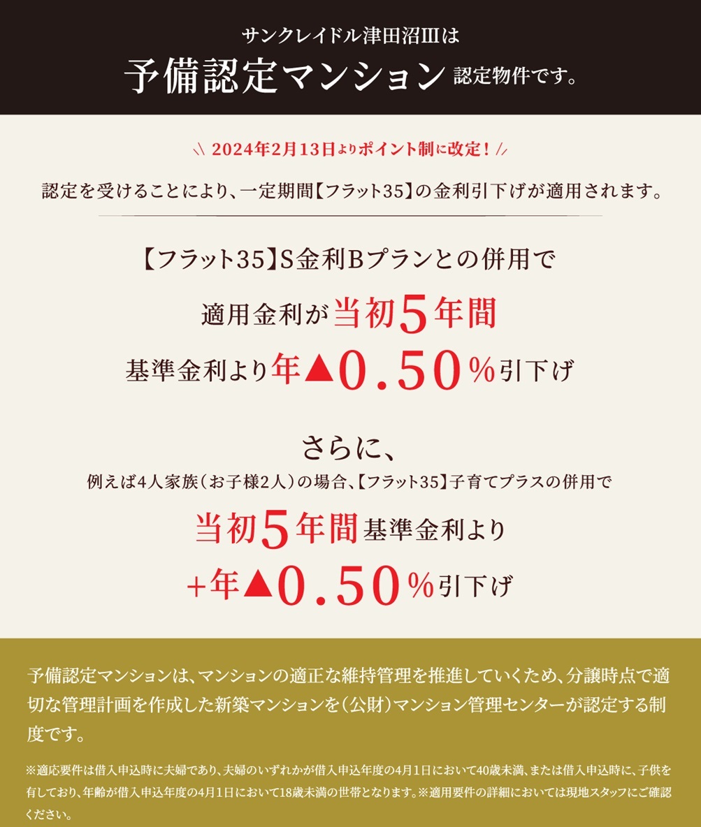 サンクレイドル津田沼IIIは予備認定マンション認定物件です。