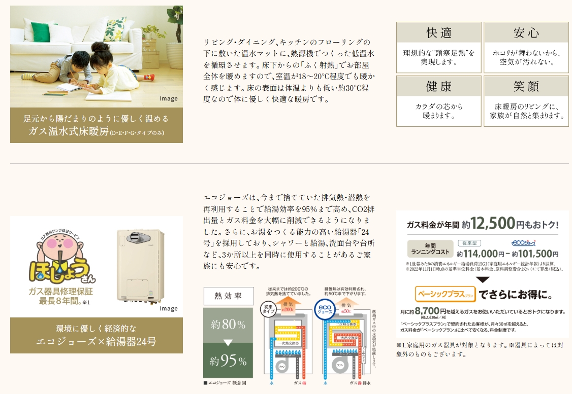 環境に優しく経済的で、快適な室内空間を演出。
エコジョーズ & ガス温水式床暖房