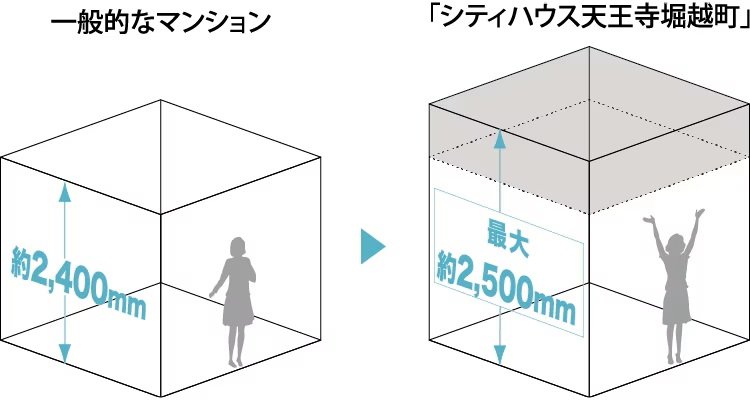 最大約2500mmの天井高（リビング・ダイニング、洋室、サービスルーム（納戸））