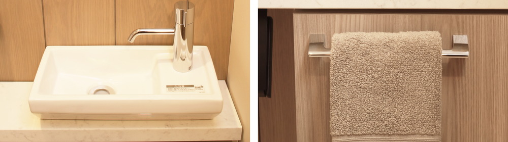 カウンター付陶器ボウルの手洗器とタオル掛