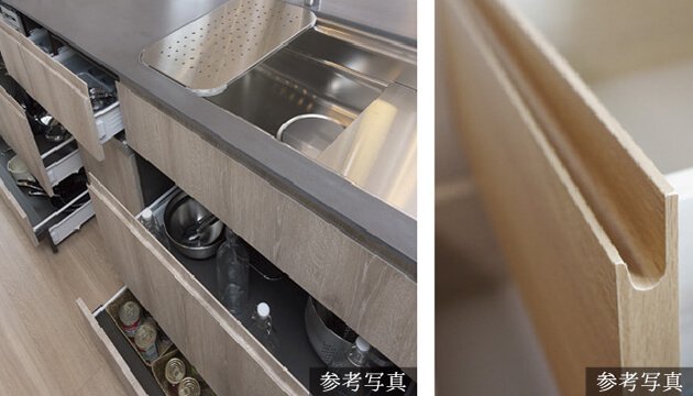 静かに閉まるスライド収納と手掛けJ形状