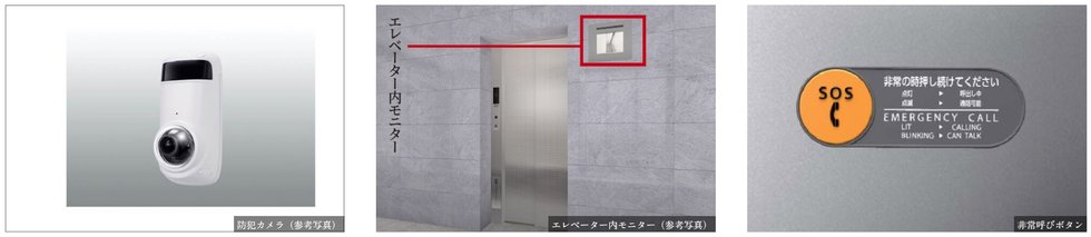 共用部の防犯カメラ、エレベーター内モニター・防犯カメラ・警報ボタン付エレベーター
