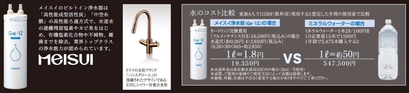 高性能ろ過で、不純物をしっかりカットするメイスイのビルトイン浄水器。