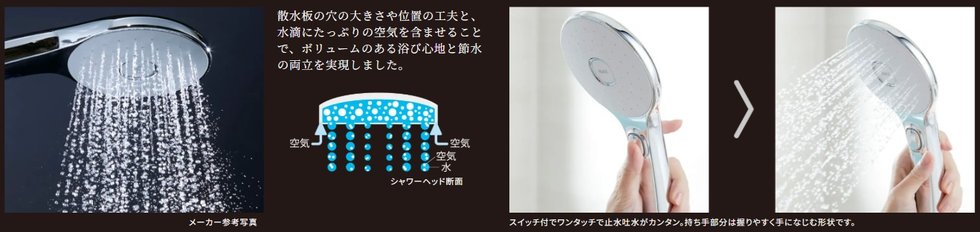 ボリュームある浴び心地で節水もしっかり。スイッチ付エコアクアシャワー。