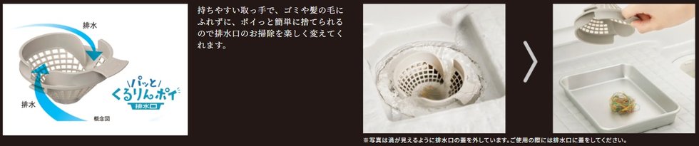 排水口のお掃除を楽しくするアイテム、パッとくるりんポイ排水口。
