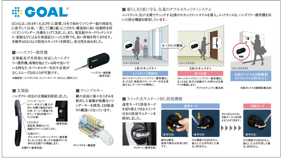 「世界水準の防犯カ」でお応えする信頼のブランドGOAL(ゴール)の安心機能を各邸の玄関ドアに採用。