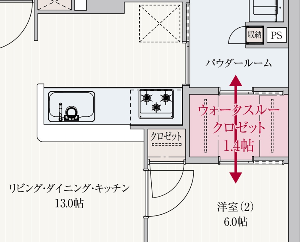 多効率的な動線を確保した、ウォークスルークロゼット。
