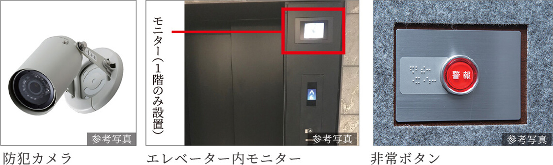 共用部の防犯カメラ及び、エレベーター内モニター※1、防犯窓※2、防犯カメラ・非常ボタン付エレベーター
