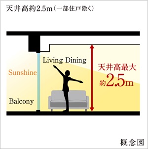 天井高最大約2.5m(一部住戸除く)を確保