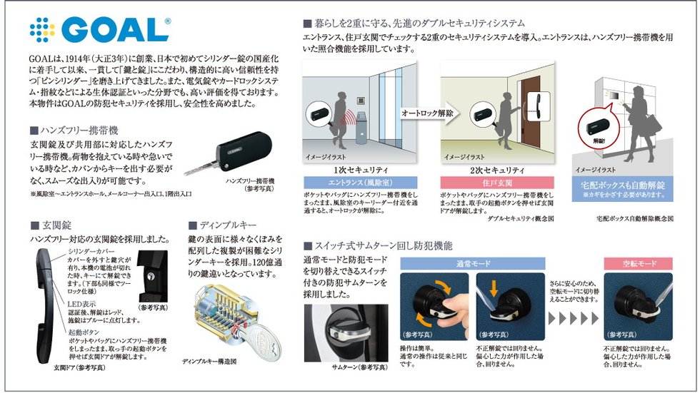 「世界水準の防犯カ」でお応えする信頼のブランドGOAL(ゴール)の安心機能を各邸の玄関ドアに採用。