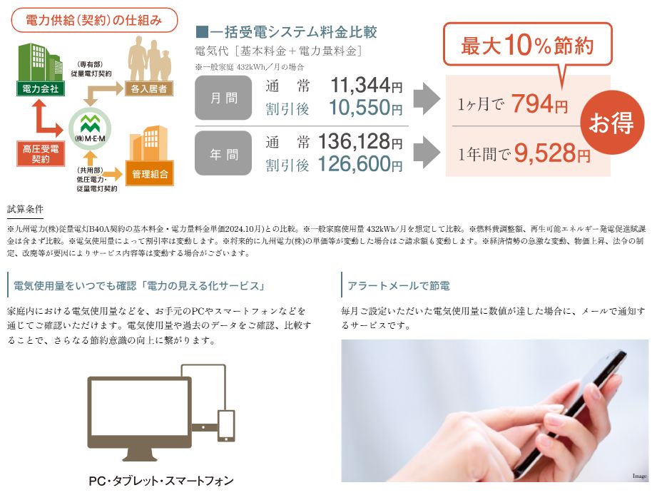 マンションだから利用できる一括受電システムで電気料金を節約。