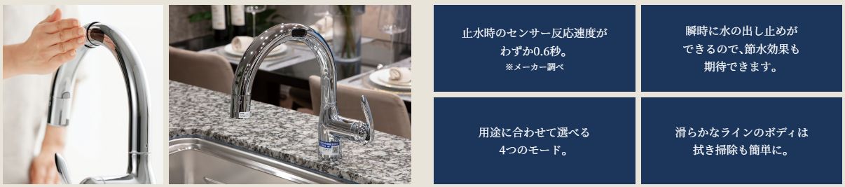 用途に応じて4つの水形を使い分け／タッチレス蛇口一体型浄水器